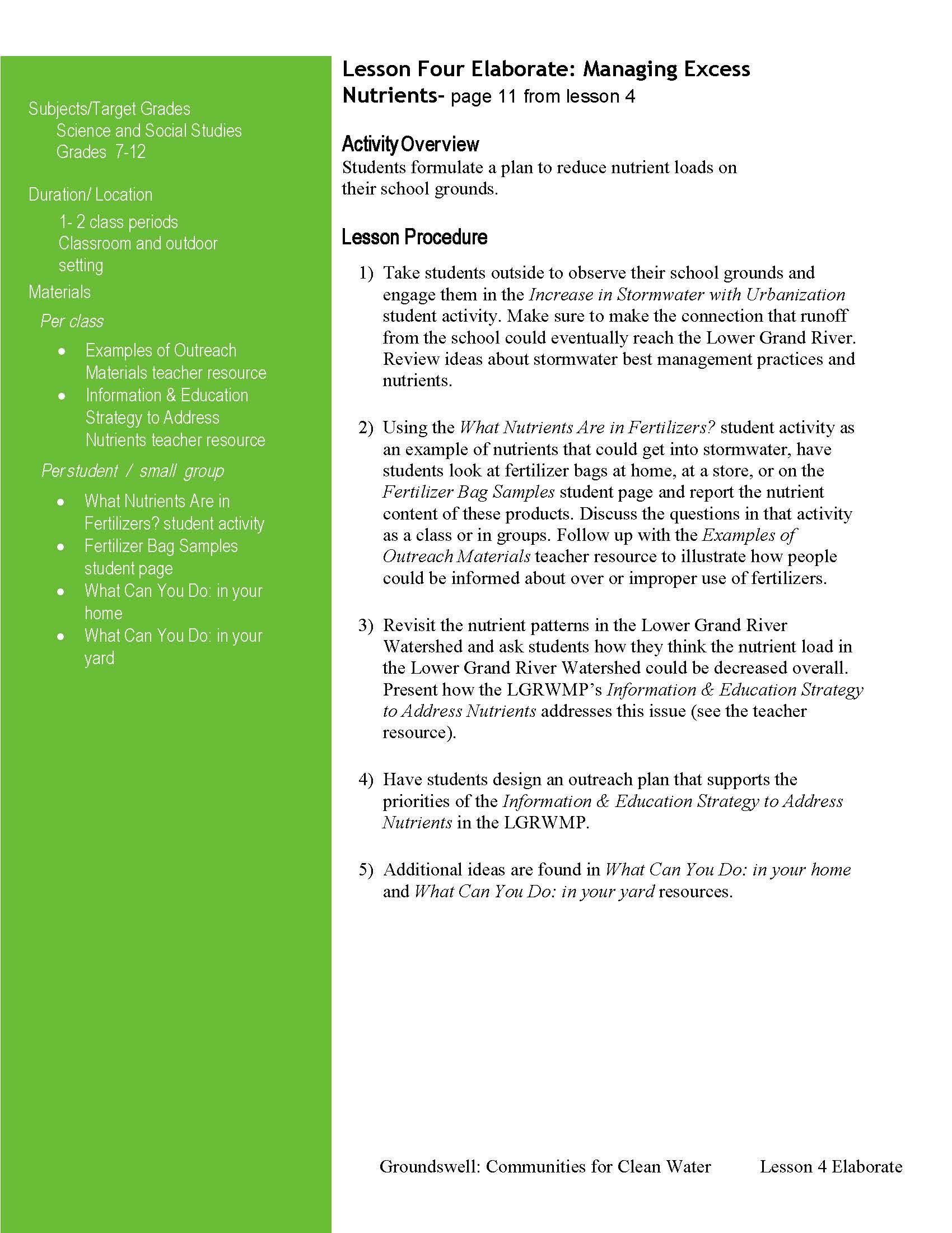 Cover page from Lesson Four Elaborate - Managing Excess Nutrients